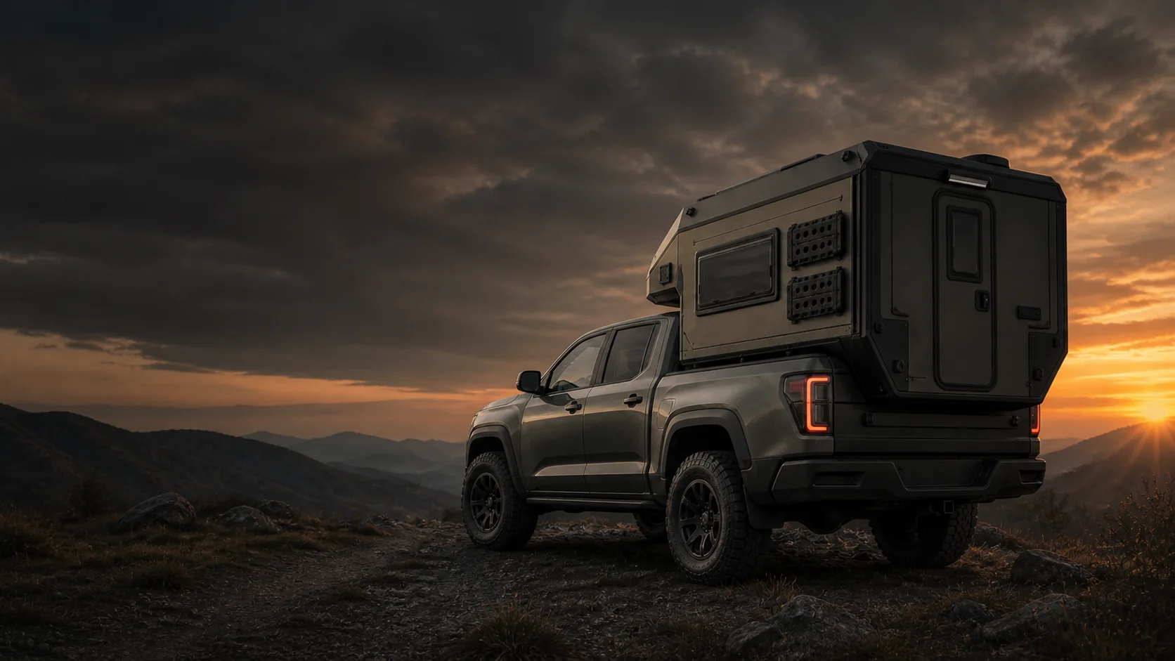 Konzept der POPRAWSKI Expedition Wohnkabine auf einem Pick-up bei Sonnenuntergang
